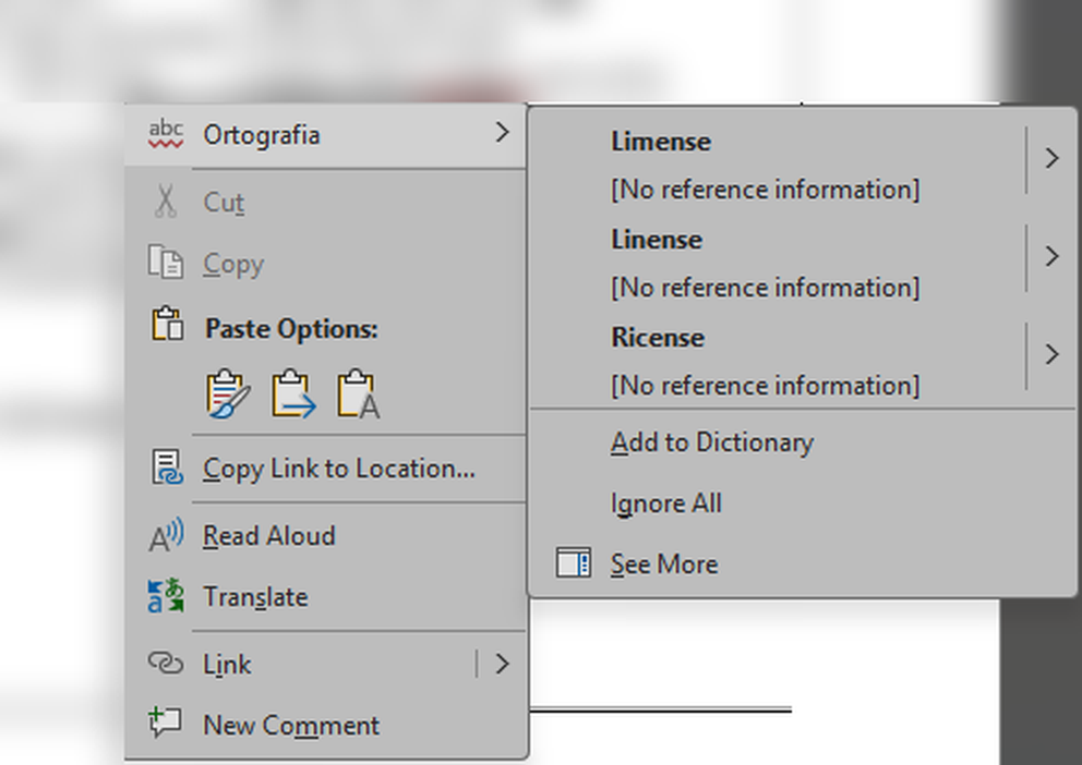 Word right-click menu with the spelling submenu labeled 'Ortografia', suggesting non-English words such as 'Limense', 'Linense' and 'Ricense'. The document text behind the menu is blurred.